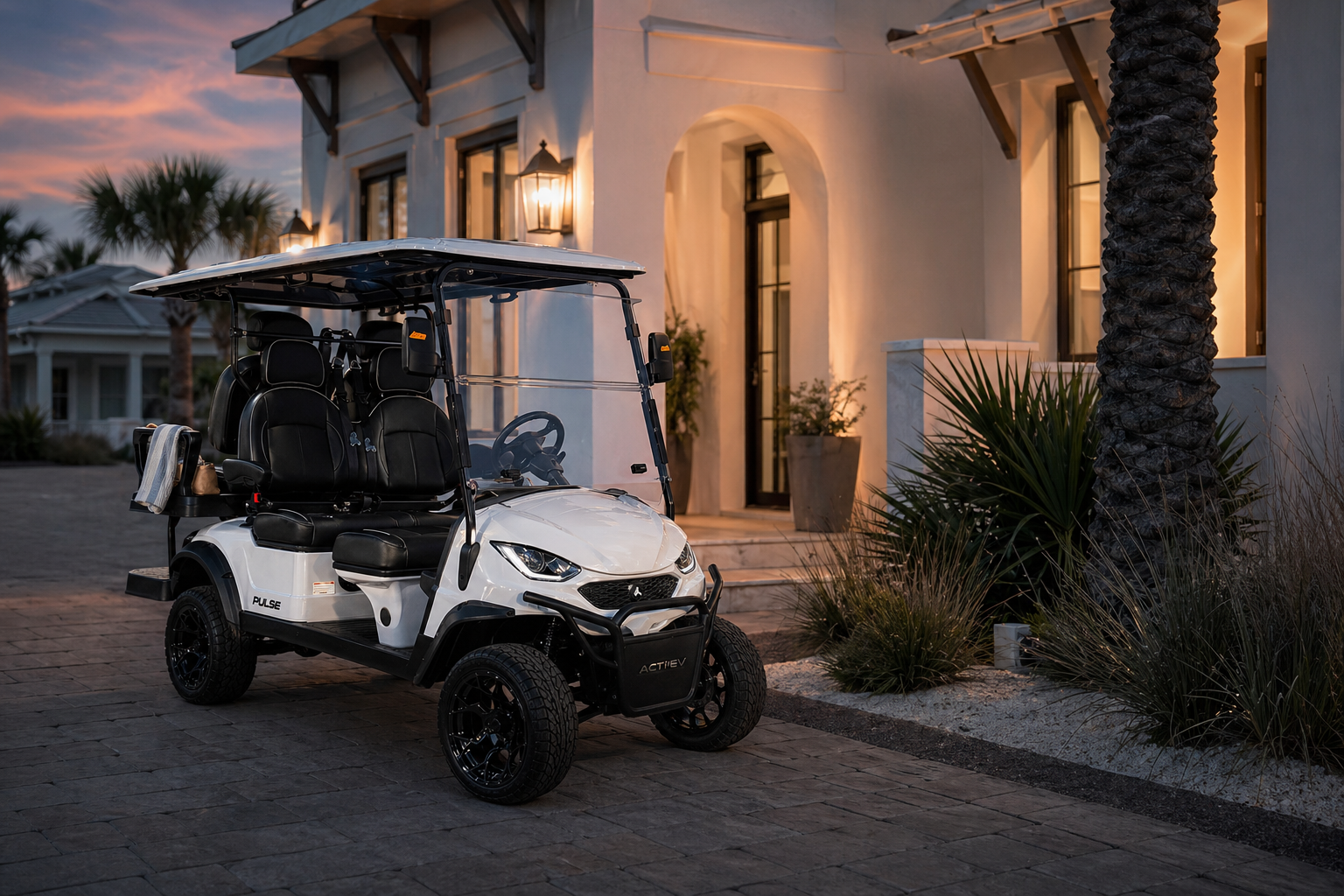 White ActivEV Pulse parked outside a 30A coastal home at dusk